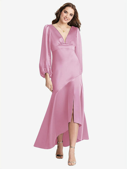 【NEW】【STYLE: LB008】パフ スリーブ 非対称 ドロップ ウエスト ハイロー スリップ ドレス  -  ティーガン【COLOR: Powder Pink】【SIZE: 00-30W】