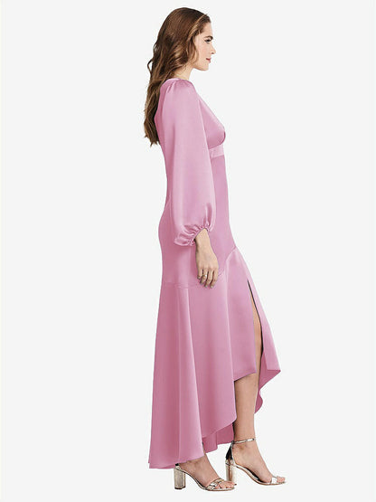 【NEW】【STYLE: LB008】パフ スリーブ 非対称 ドロップ ウエスト ハイロー スリップ ドレス  -  ティーガン【COLOR: Powder Pink】【SIZE: 00-30W】