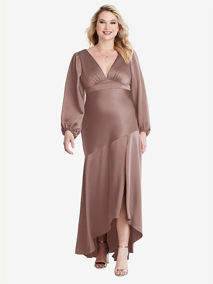 【STYLE: LB008】Puff Sleeve Asymmetrical Drop Waist High-Low Slip Dress - Teagan【COLOR: Sienna】