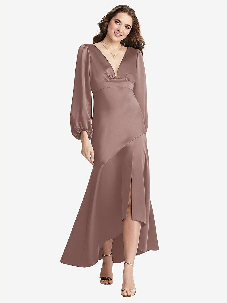 【STYLE: LB008】Puff Sleeve Asymmetrical Drop Waist High-Low Slip Dress - Teagan【COLOR: Sienna】