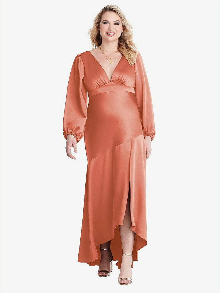 【STYLE: LB008】Puff Sleeve Asymmetrical Drop Waist High-Low Slip Dress - Teagan【COLOR: Terracotta Copper】