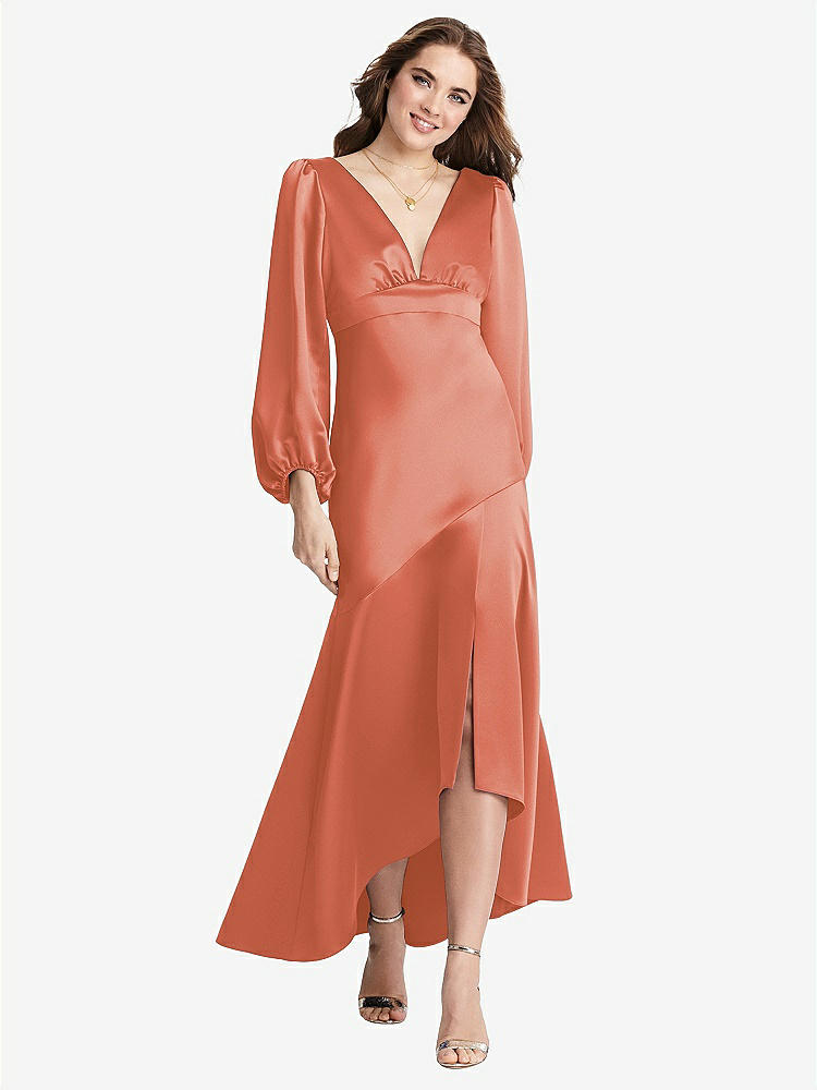 【STYLE: LB008】Puff Sleeve Asymmetrical Drop Waist High-Low Slip Dress - Teagan【COLOR: Terracotta Copper】