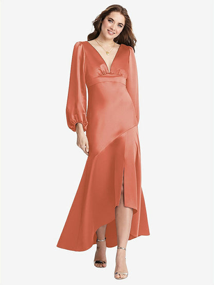 【STYLE: LB008】Puff Sleeve Asymmetrical Drop Waist High-Low Slip Dress - Teagan【COLOR: Terracotta Copper】