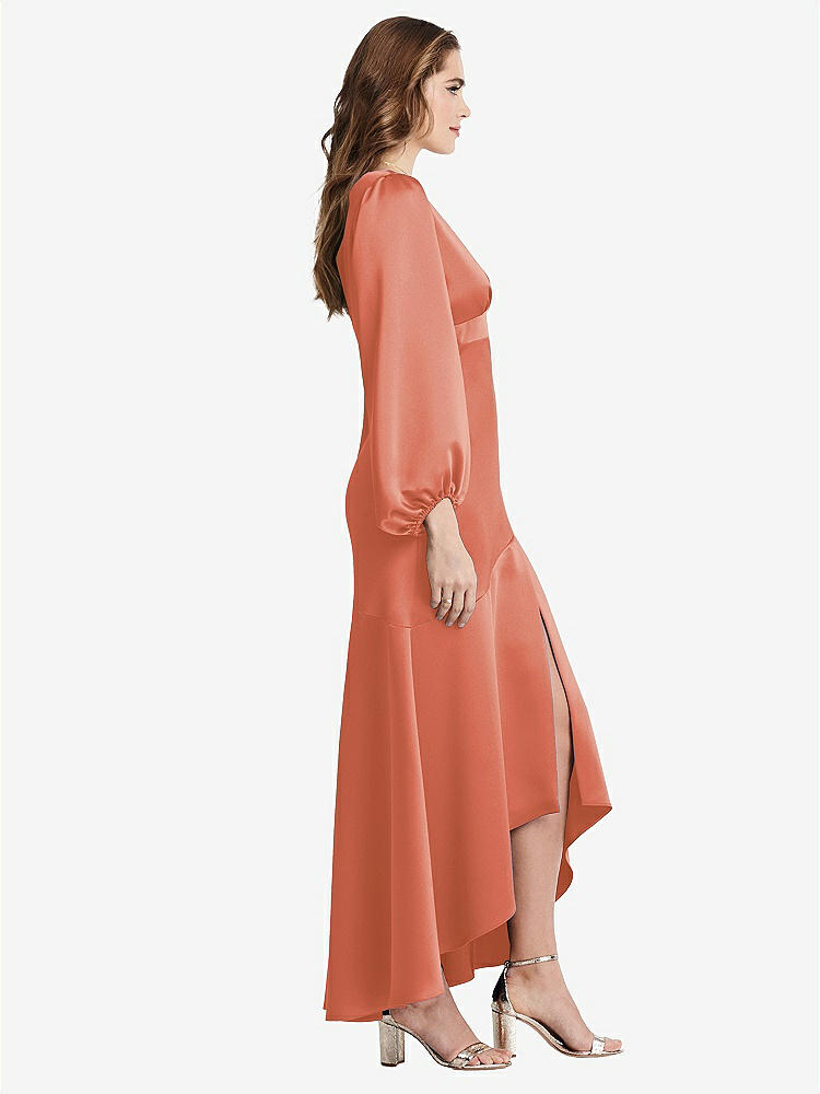 【STYLE: LB008】Puff Sleeve Asymmetrical Drop Waist High-Low Slip Dress - Teagan【COLOR: Terracotta Copper】