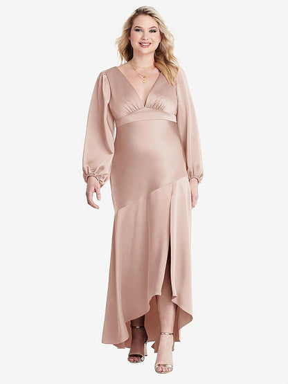【NEW】【STYLE: LB008】パフ スリーブ 非対称 ドロップ ウエスト ハイロー スリップ ドレス  -  ティーガン【COLOR: Toasted Sugar】【SIZE: 00-30W】