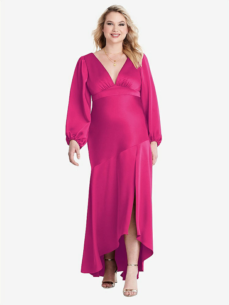 【NEW】【STYLE: LB008】パフ スリーブ 非対称 ドロップ ウエスト ハイロー スリップ ドレス  -  ティーガン【COLOR: Think Pink】【SIZE: 00-30W】
