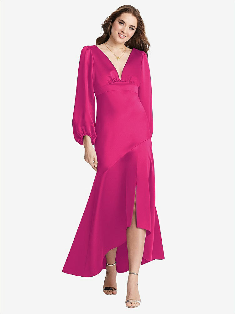 【NEW】【STYLE: LB008】パフ スリーブ 非対称 ドロップ ウエスト ハイロー スリップ ドレス  -  ティーガン【COLOR: Think Pink】【SIZE: 00-30W】