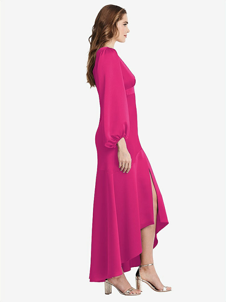 【NEW】【STYLE: LB008】パフ スリーブ 非対称 ドロップ ウエスト ハイロー スリップ ドレス  -  ティーガン【COLOR: Think Pink】【SIZE: 00-30W】