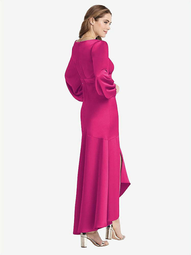 【NEW】【STYLE: LB008】パフ スリーブ 非対称 ドロップ ウエスト ハイロー スリップ ドレス  -  ティーガン【COLOR: Think Pink】【SIZE: 00-30W】