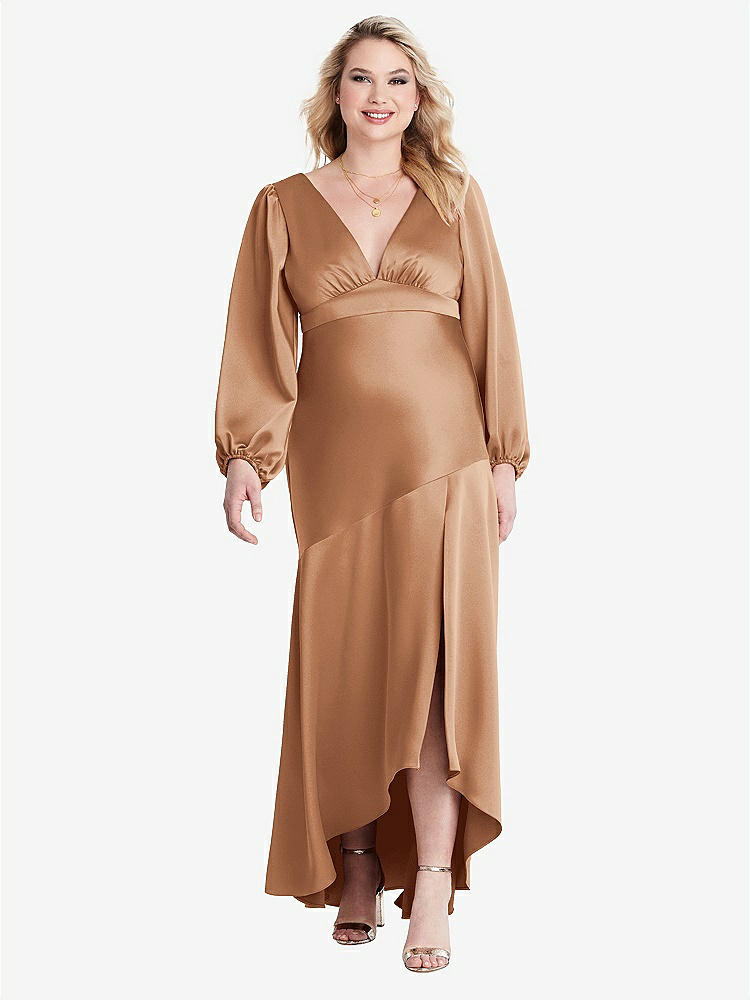 【STYLE: LB008】Puff Sleeve Asymmetrical Drop Waist High-Low Slip Dress - Teagan【COLOR: Toffee】