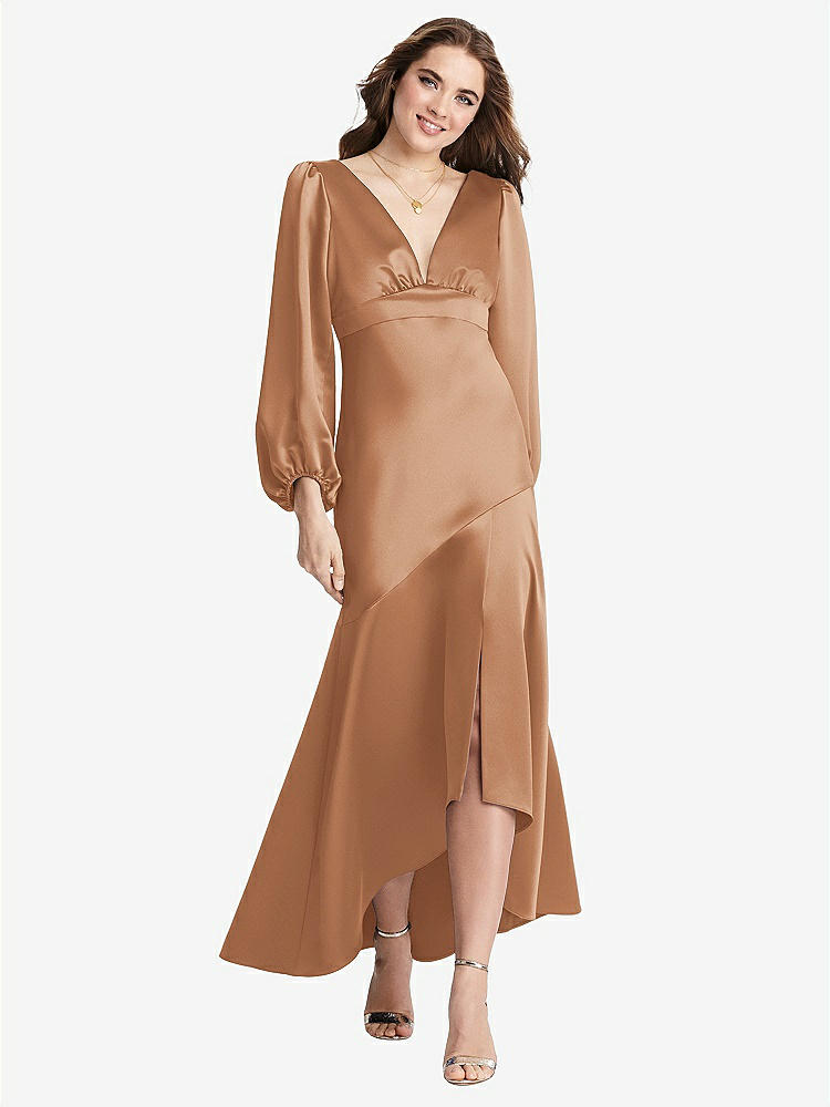 【STYLE: LB008】Puff Sleeve Asymmetrical Drop Waist High-Low Slip Dress - Teagan【COLOR: Toffee】