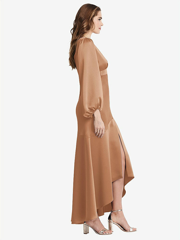 【STYLE: LB008】Puff Sleeve Asymmetrical Drop Waist High-Low Slip Dress - Teagan【COLOR: Toffee】