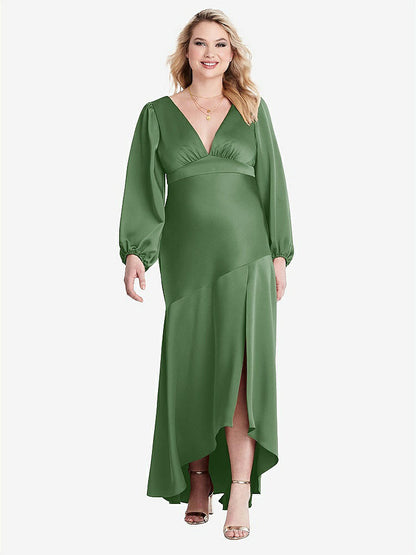 【STYLE: LB008】Puff Sleeve Asymmetrical Drop Waist High-Low Slip Dress - Teagan【COLOR: Vineyard Green】