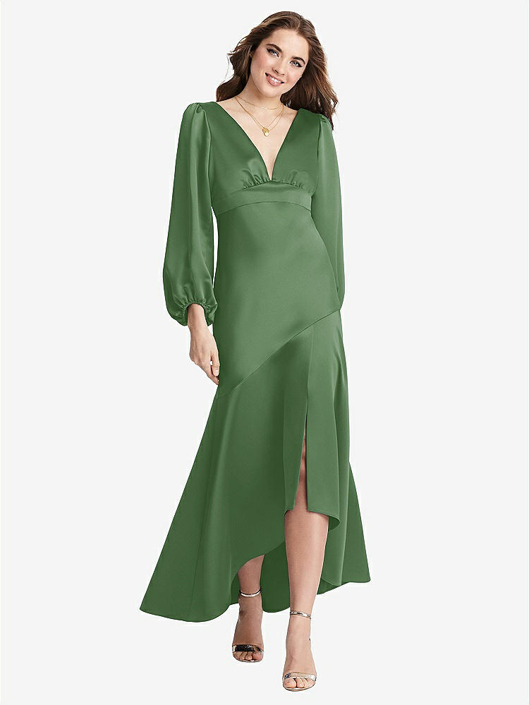 【STYLE: LB008】Puff Sleeve Asymmetrical Drop Waist High-Low Slip Dress - Teagan【COLOR: Vineyard Green】