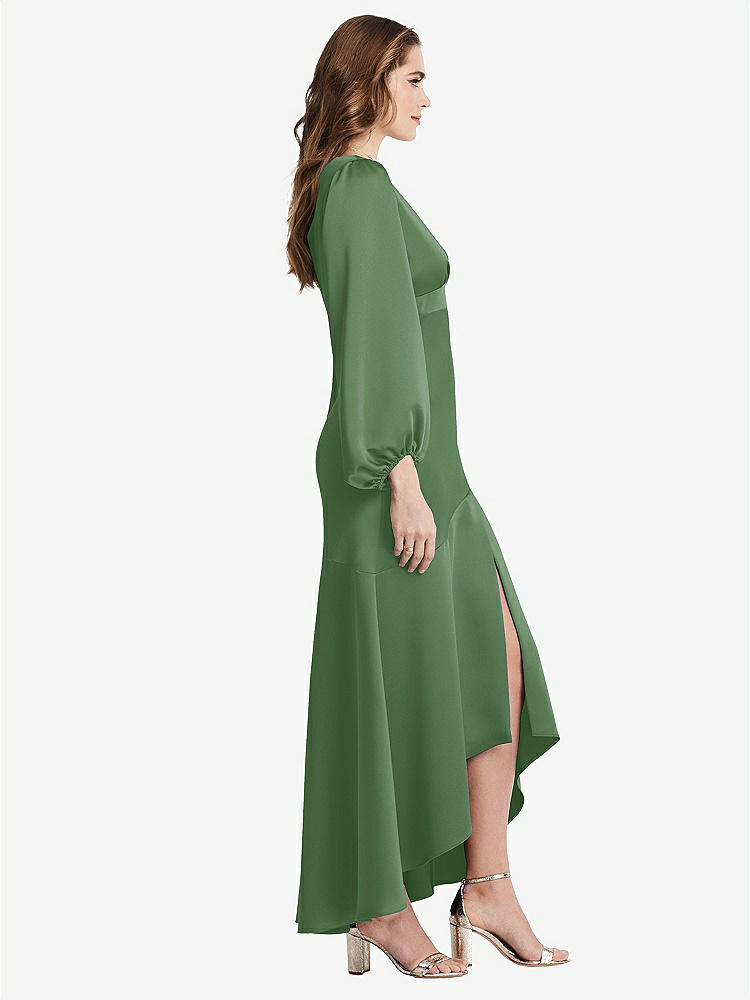 【STYLE: LB008】Puff Sleeve Asymmetrical Drop Waist High-Low Slip Dress - Teagan【COLOR: Vineyard Green】
