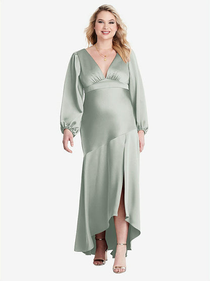 【STYLE: LB008】Puff Sleeve Asymmetrical Drop Waist High-Low Slip Dress - Teagan【COLOR: Willow Green】
