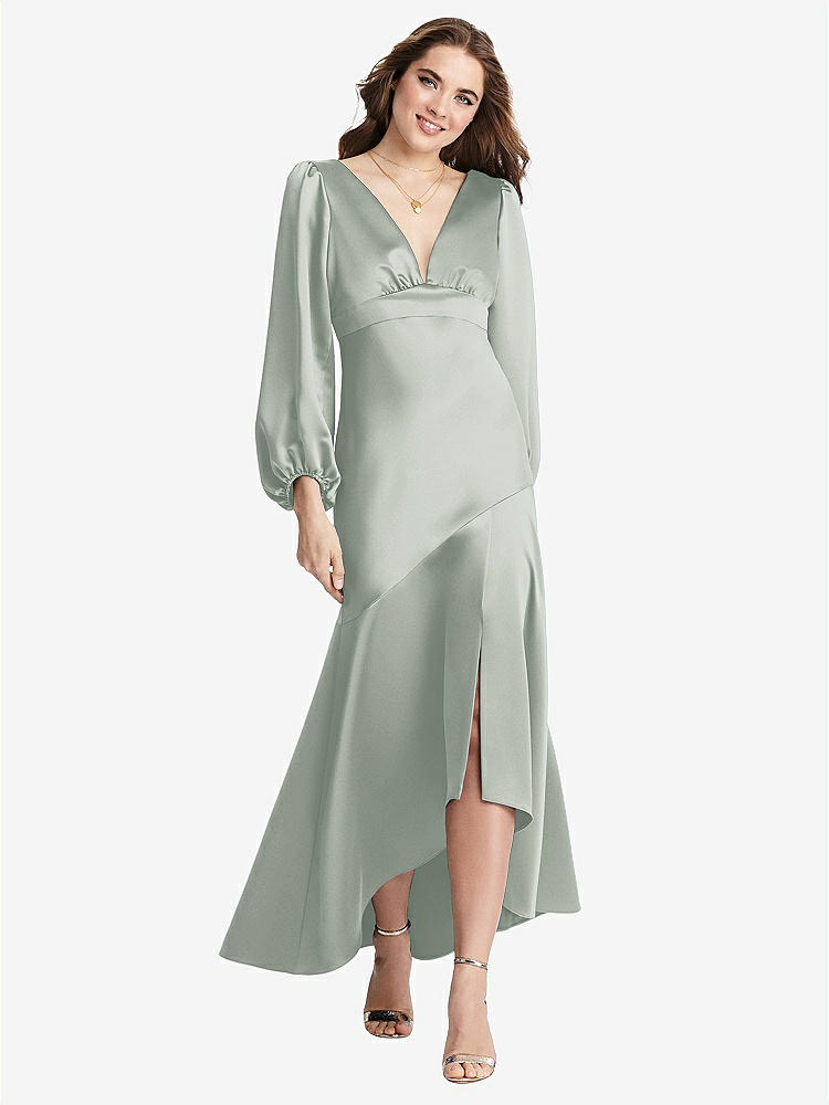 【STYLE: LB008】Puff Sleeve Asymmetrical Drop Waist High-Low Slip Dress - Teagan【COLOR: Willow Green】