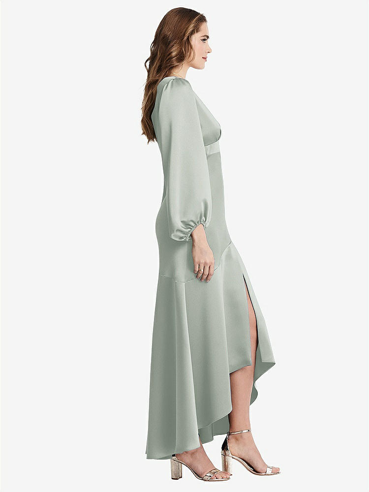【STYLE: LB008】Puff Sleeve Asymmetrical Drop Waist High-Low Slip Dress - Teagan【COLOR: Willow Green】