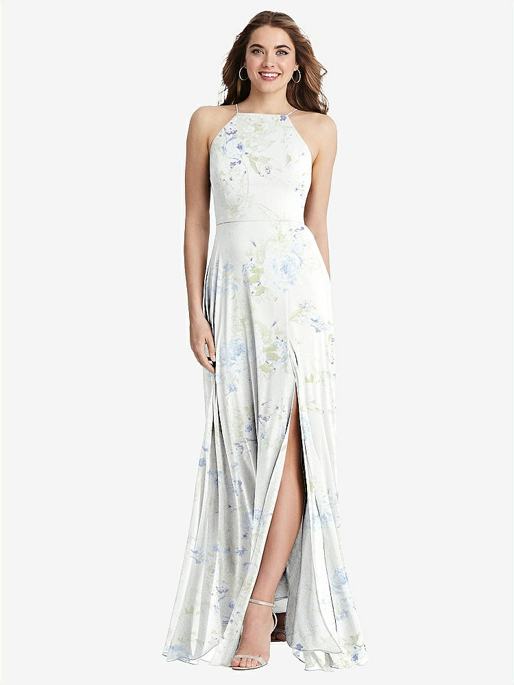 【STYLE: LB010】High Neck Chiffon Maxi Dress with Front Slit - Lela【COLOR: Bleu Garden】