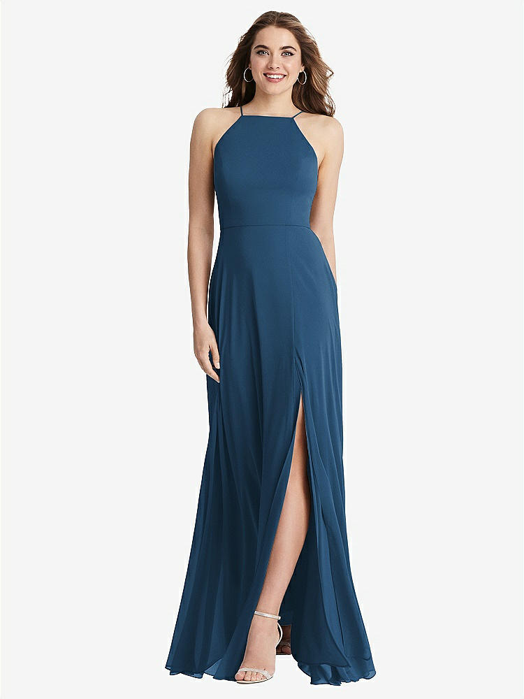 【STYLE: LB010】High Neck Chiffon Maxi Dress with Front Slit - Lela【COLOR: Dusk Blue】