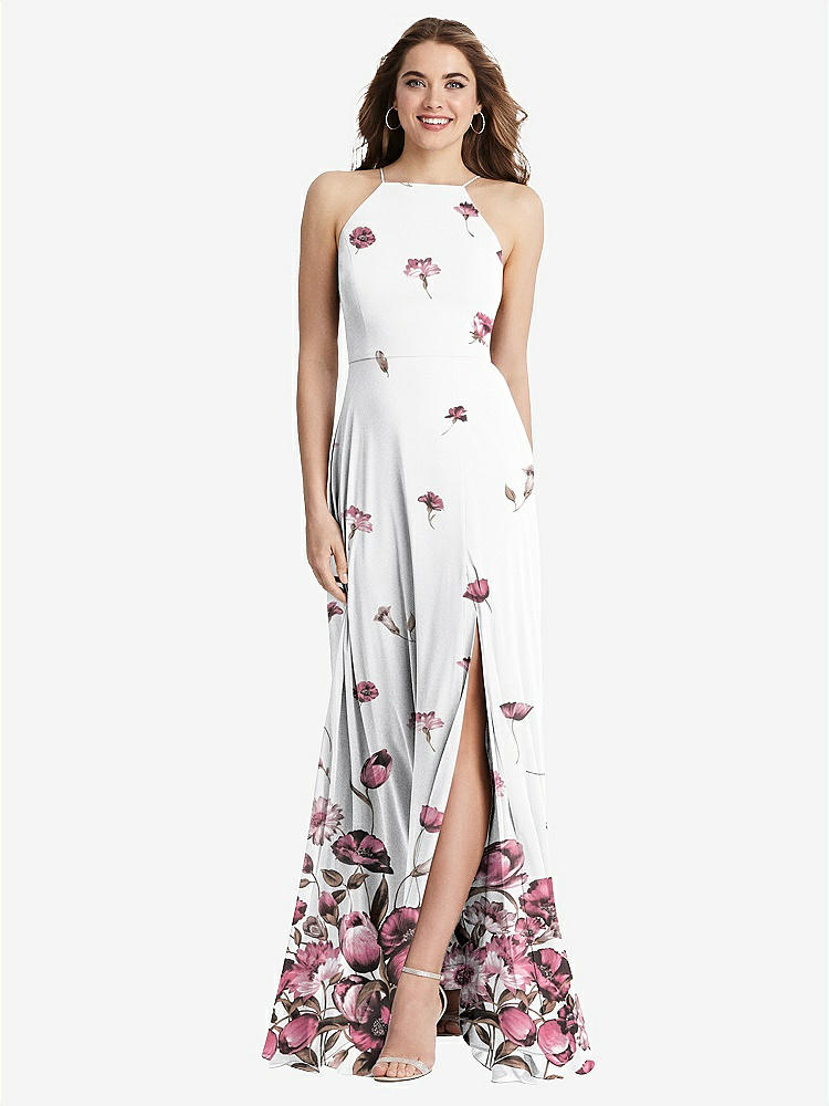 【STYLE: LB010】High Neck Chiffon Maxi Dress with Front Slit - Lela【COLOR: London Print】