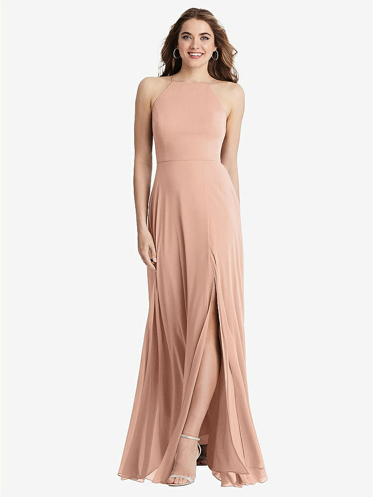 【STYLE: LB010】High Neck Chiffon Maxi Dress with Front Slit - Lela【COLOR: Pale Peach】