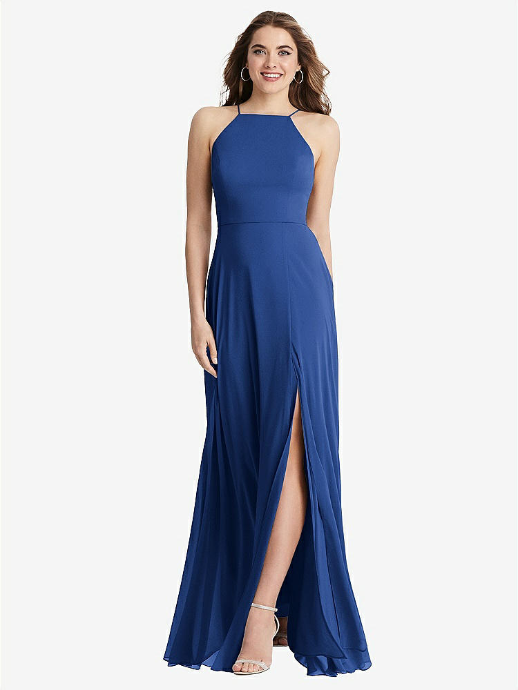 【STYLE: LB010】High Neck Chiffon Maxi Dress with Front Slit - Lela【COLOR: Classic Blue】