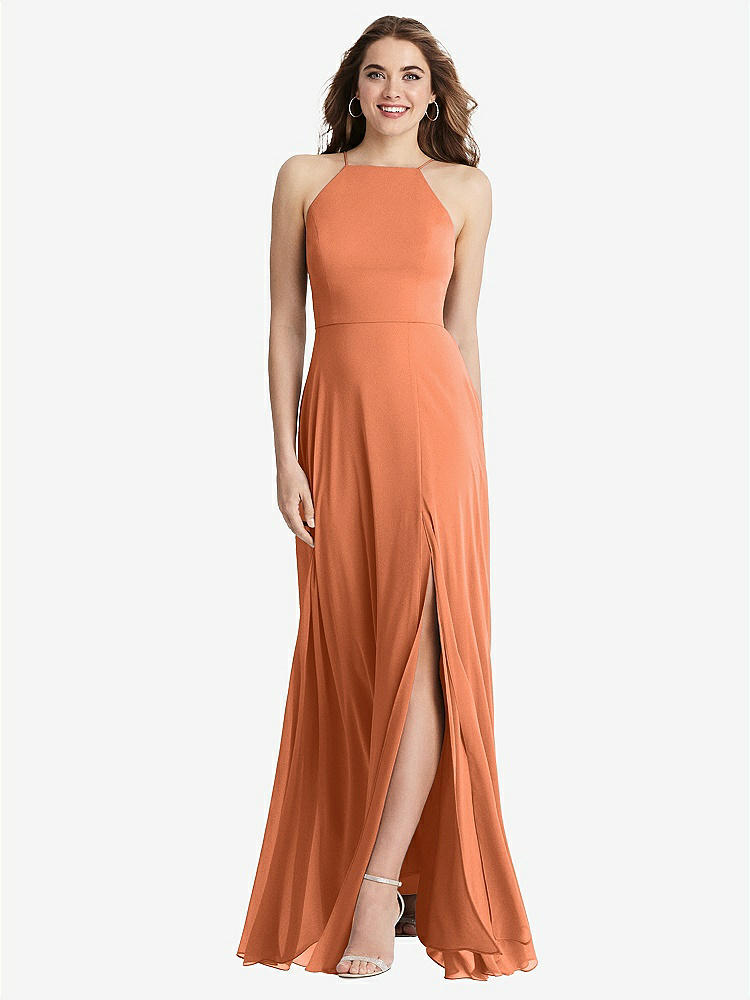【STYLE: LB010】High Neck Chiffon Maxi Dress with Front Slit - Lela【COLOR: Sweet Melon】