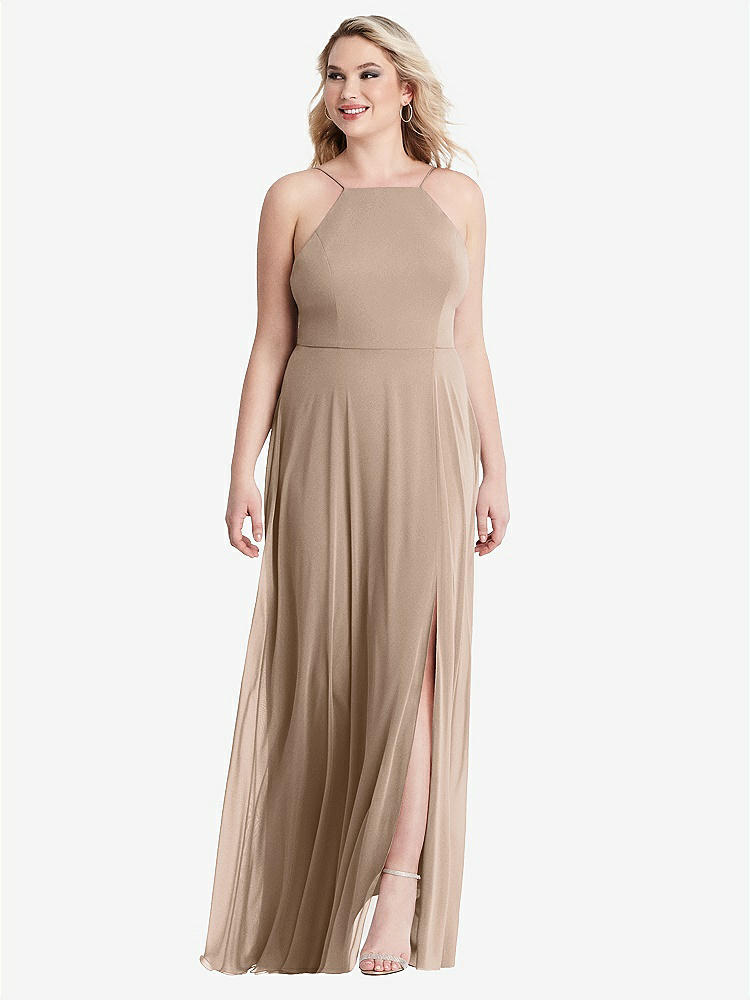 【STYLE: LB010】High Neck Chiffon Maxi Dress with Front Slit - Lela【COLOR: Topaz】