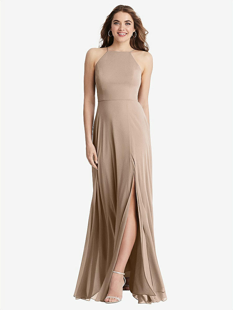 【STYLE: LB010】High Neck Chiffon Maxi Dress with Front Slit - Lela【COLOR: Topaz】