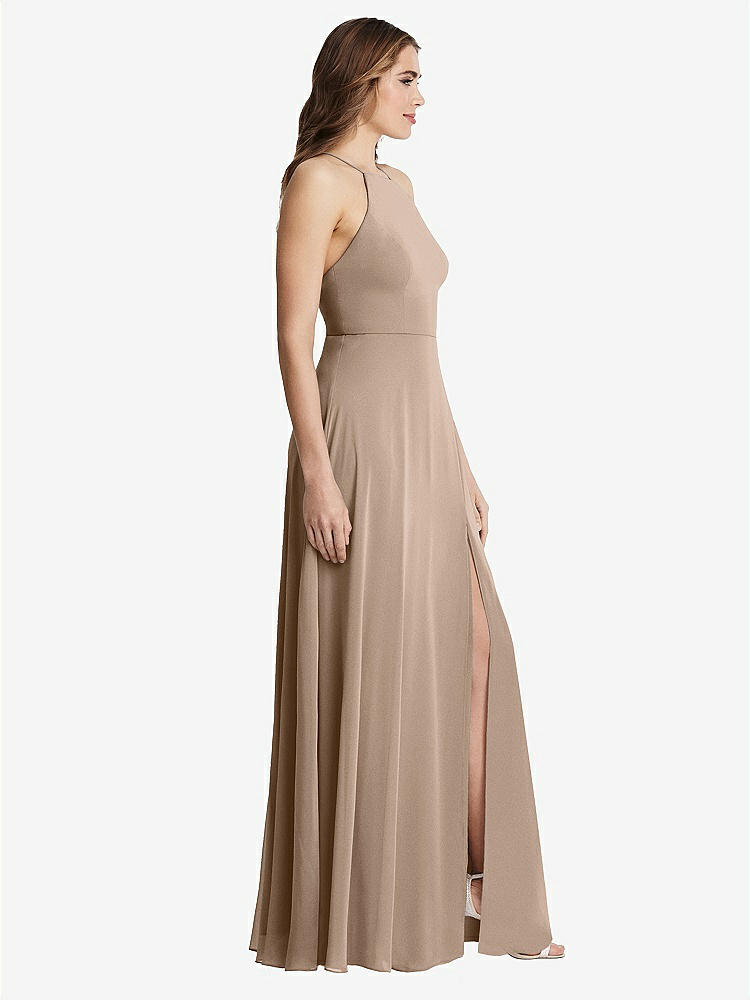 【STYLE: LB010】High Neck Chiffon Maxi Dress with Front Slit - Lela【COLOR: Topaz】