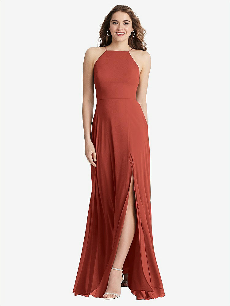 【STYLE: LB010】High Neck Chiffon Maxi Dress with Front Slit - Lela【COLOR: Amber Sunset】