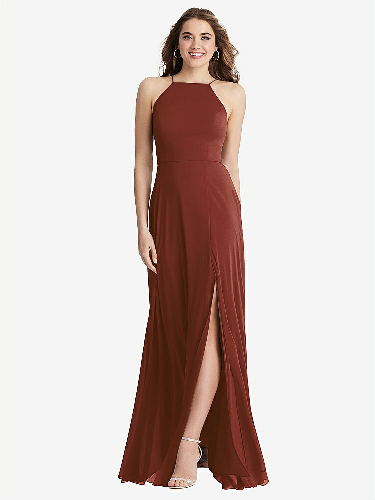 【STYLE: LB010】High Neck Chiffon Maxi Dress with Front Slit - Lela【COLOR: Auburn Moon】