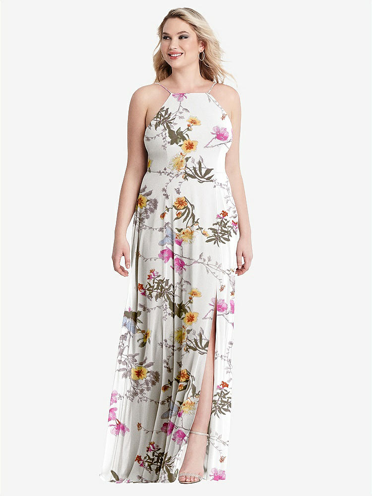 【STYLE: LB010】High Neck Chiffon Maxi Dress with Front Slit - Lela【COLOR: Butterfly Botanica Ivory】