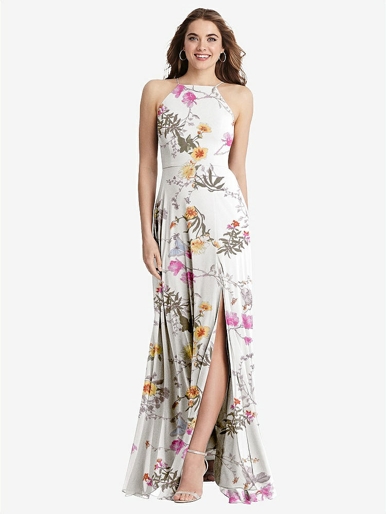 【STYLE: LB010】High Neck Chiffon Maxi Dress with Front Slit - Lela【COLOR: Butterfly Botanica Ivory】