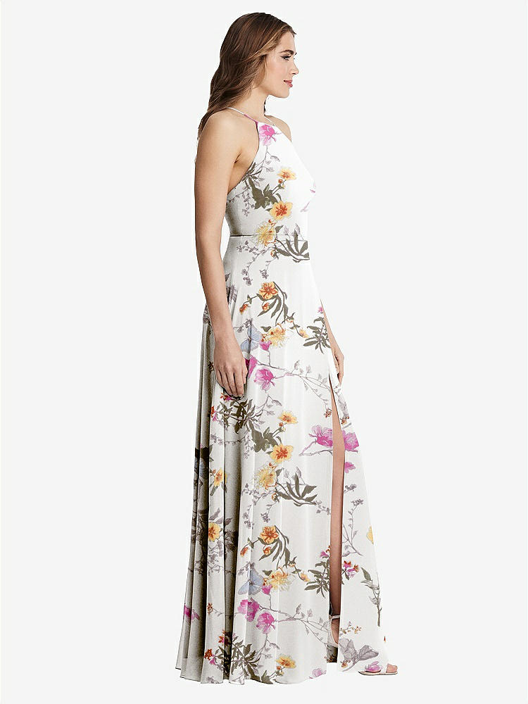 【STYLE: LB010】High Neck Chiffon Maxi Dress with Front Slit - Lela【COLOR: Butterfly Botanica Ivory】