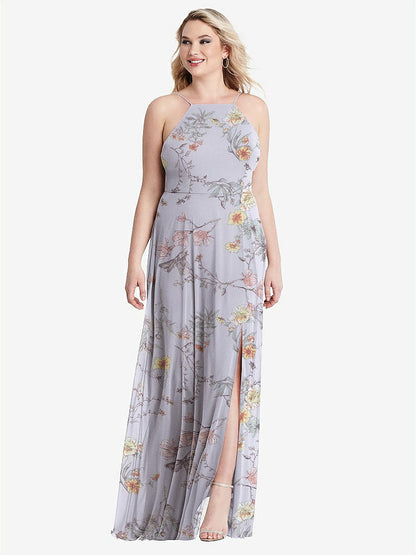 【STYLE: LB010】High Neck Chiffon Maxi Dress with Front Slit - Lela【COLOR: Butterfly Botanica Silver Dove】