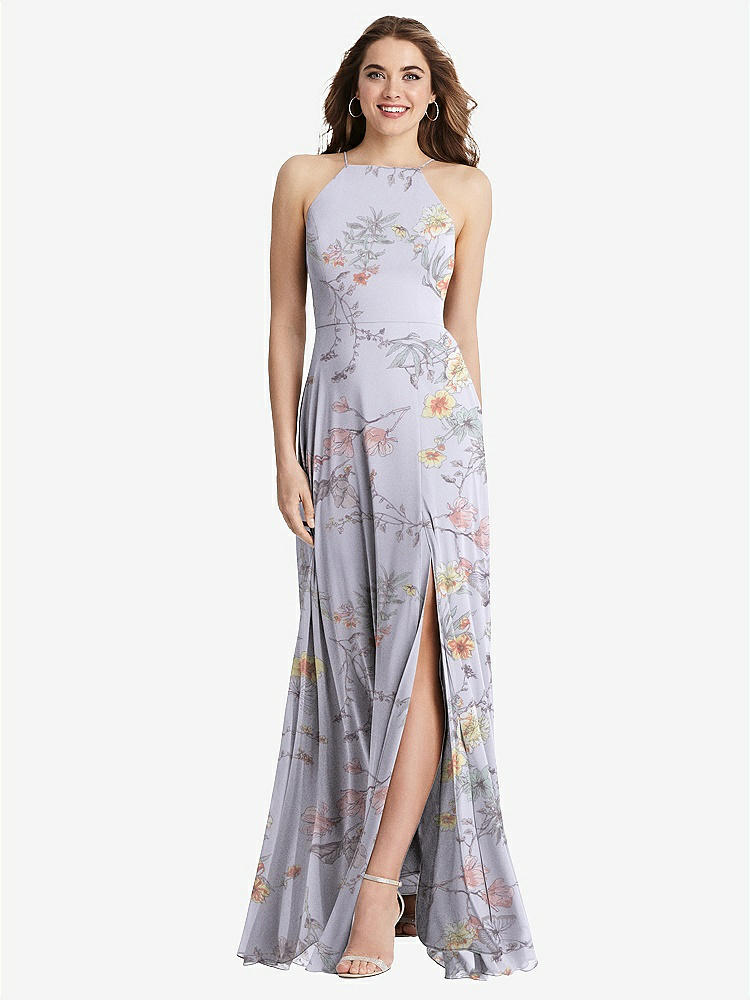 【STYLE: LB010】High Neck Chiffon Maxi Dress with Front Slit - Lela【COLOR: Butterfly Botanica Silver Dove】