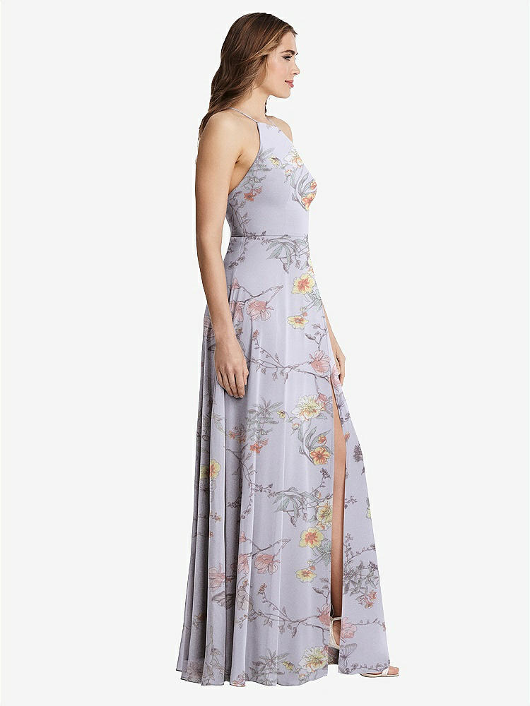 【STYLE: LB010】High Neck Chiffon Maxi Dress with Front Slit - Lela【COLOR: Butterfly Botanica Silver Dove】
