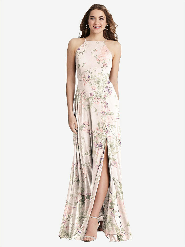【STYLE: LB010】High Neck Chiffon Maxi Dress with Front Slit - Lela【COLOR: Blush Garden】