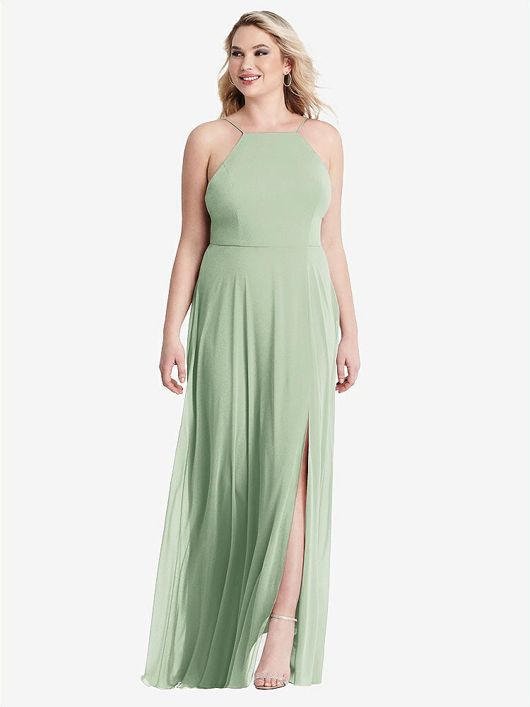 【STYLE: LB010】High Neck Chiffon Maxi Dress with Front Slit - Lela【COLOR: Celadon】
