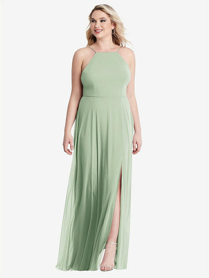 【STYLE: LB010】High Neck Chiffon Maxi Dress with Front Slit - Lela【COLOR: Celadon】