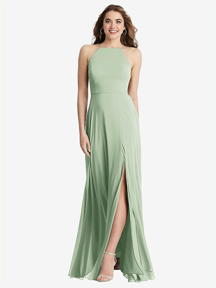 【STYLE: LB010】High Neck Chiffon Maxi Dress with Front Slit - Lela【COLOR: Celadon】