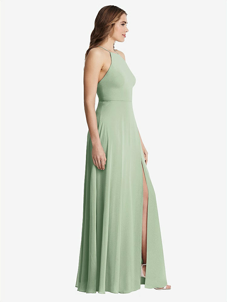【STYLE: LB010】High Neck Chiffon Maxi Dress with Front Slit - Lela【COLOR: Celadon】