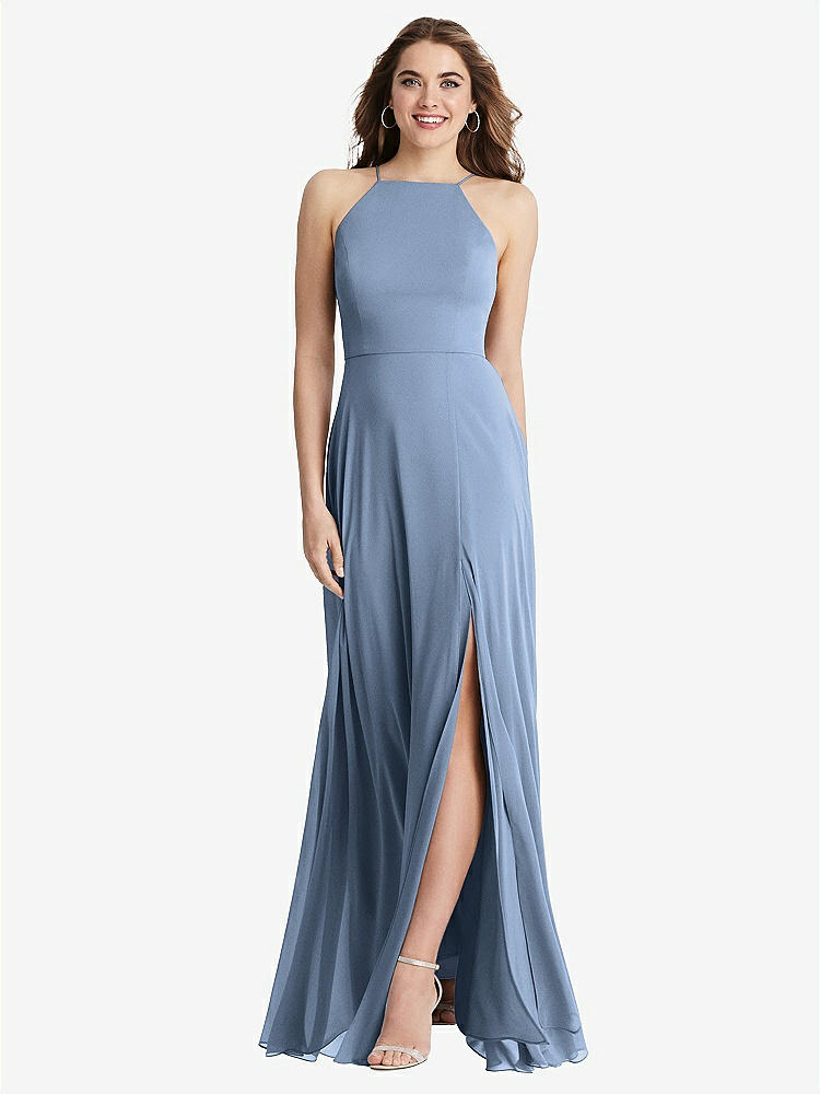 【STYLE: LB010】High Neck Chiffon Maxi Dress with Front Slit - Lela【COLOR: Cloudy】