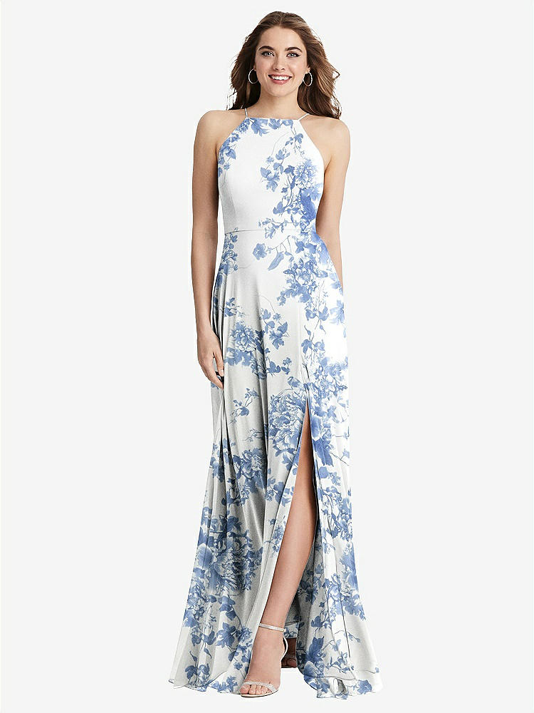 【STYLE: LB010】High Neck Chiffon Maxi Dress with Front Slit - Lela【COLOR: Cottage Rose Dusk Blue】