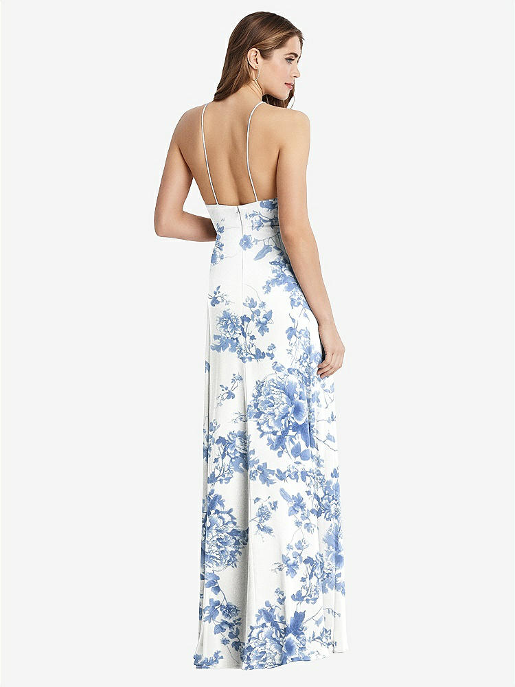 【STYLE: LB010】High Neck Chiffon Maxi Dress with Front Slit - Lela【COLOR: Cottage Rose Dusk Blue】