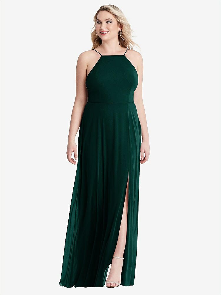 【STYLE: LB010】High Neck Chiffon Maxi Dress with Front Slit - Lela【COLOR: Evergreen】