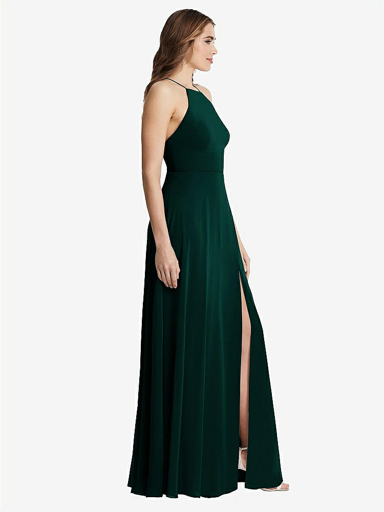 【STYLE: LB010】High Neck Chiffon Maxi Dress with Front Slit - Lela【COLOR: Evergreen】