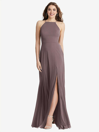 【STYLE: LB010】High Neck Chiffon Maxi Dress with Front Slit - Lela【COLOR: French Truffle】
